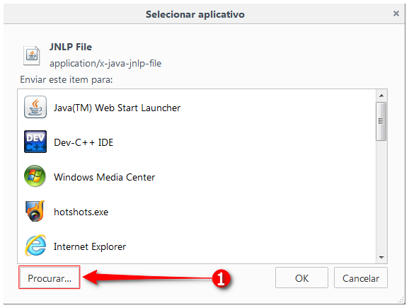 Janela do firefox para selecionar aplicativos, clicar em Procurar