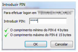 Janela de senha do certificado digital: introduzir o PIN e clicar em OK