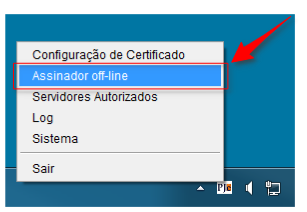 Janela com o menu do PJeOffice: clicar com o botão direito do mouse no ícone do PJe e depois clicar em Configuração de Certificado