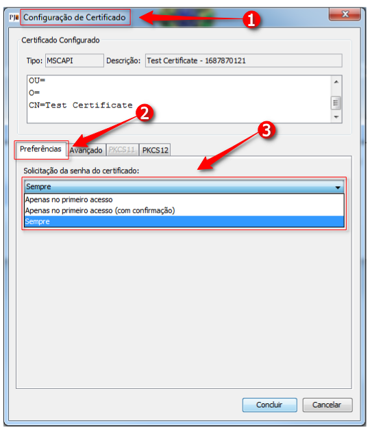 Janela de Configuração de Certificado: clicar em Preferências e Sempre
