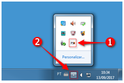 Clicar na seta para aparecer o ícone do PjeOffice na barra de ferramenta do windows