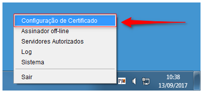 Menu do PJeOffice: clicar em Configuração de Certificado