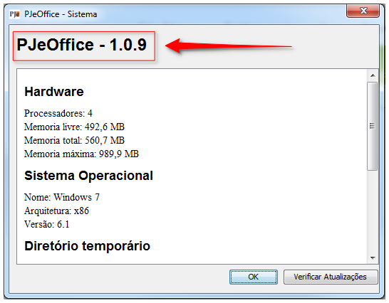 Janela com informação sobre a versão do PJeOffice