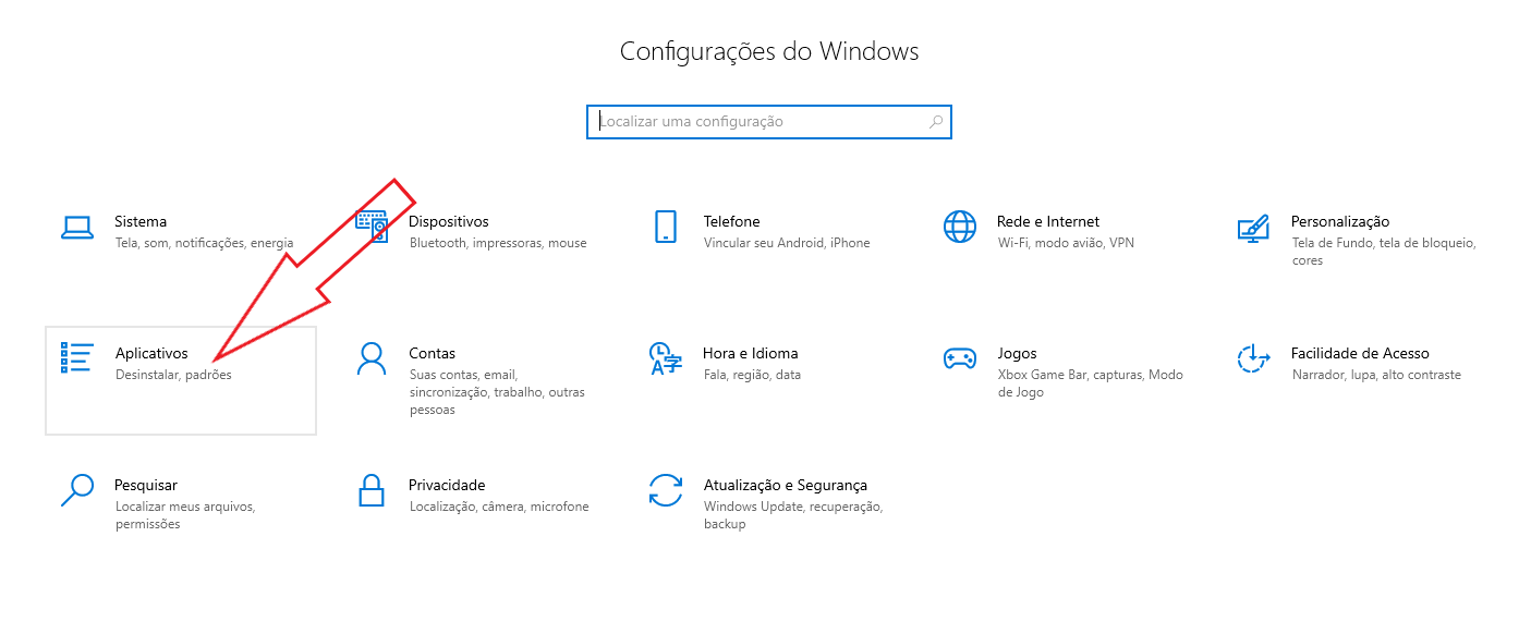 Tela de configurações do Windows com a seta indicando clique na opção Aplicativos