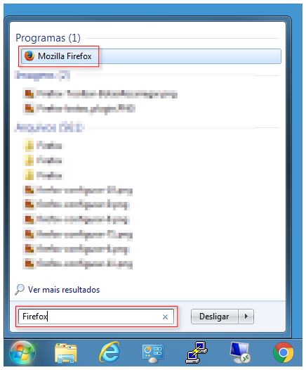 Menu iniciar aberto com destaque para o termo "Firefox" pesquisado e clique no programa "Firefox" na lista de itens encontrados.