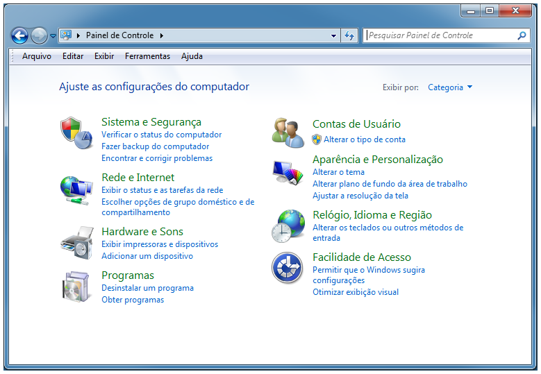 Captura de tela do Painel de Controle do Windows mostrando todas as configurações disponíveis.