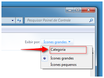 Captura de tela de configuração de controle com opção de categoria, ícones grandes e ícones pequenos sendo exibidos. Uma seta vermelha aponta para categoria.