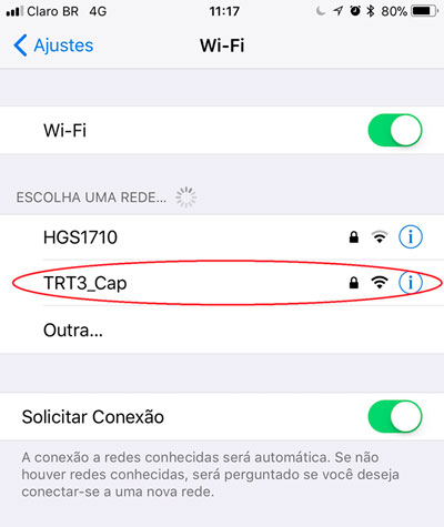 Ativar a rede sem fio no celular e selecionar a rede  TRT