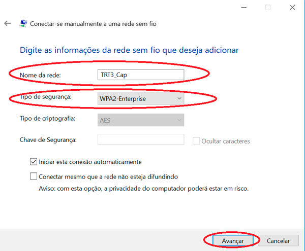 Configurar 'Nome de rede' e 'Tipo de Segurança' como 'WPA2-Enterprise'