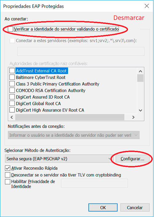 Desmarcar a opção 'Validar certificado no servidor' e clicar me 'configurar'