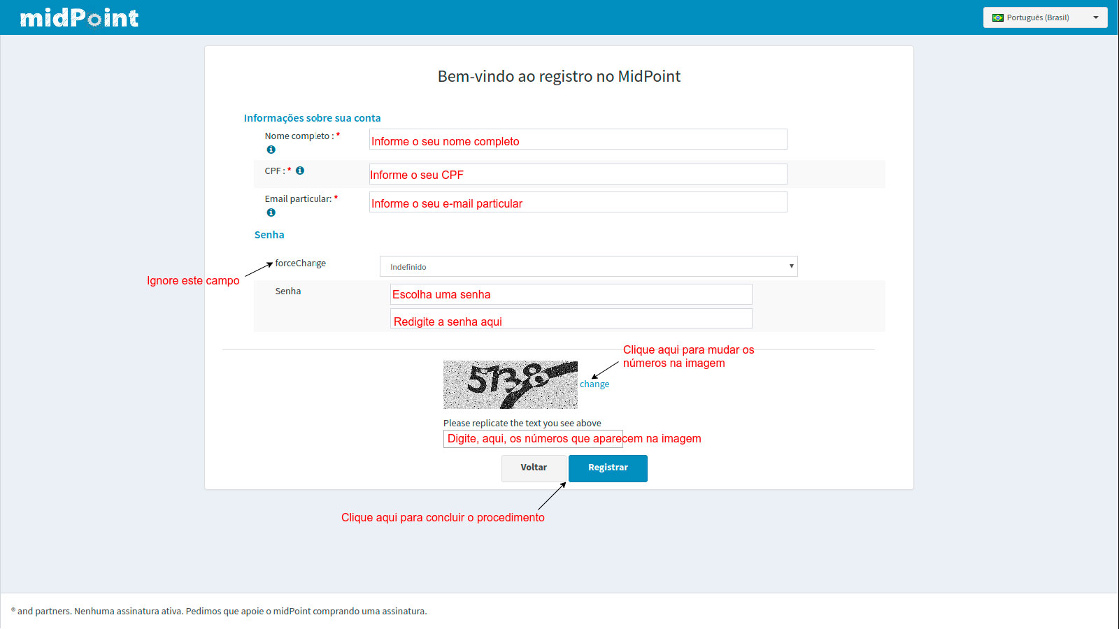 Tela para registro no MidPoint: informar nome, cpf, e-mail particular e senha
