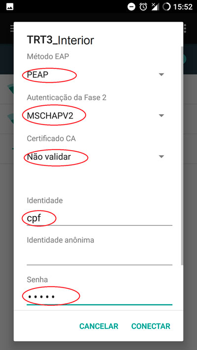 tela de parâmetros de configuração de rede no celular